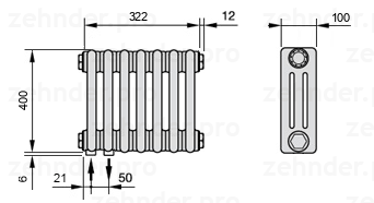 Схема (чертеж) Радиатор Zehnder Charleston 3040/7 №3370 Белый глянцевый RAL 9016